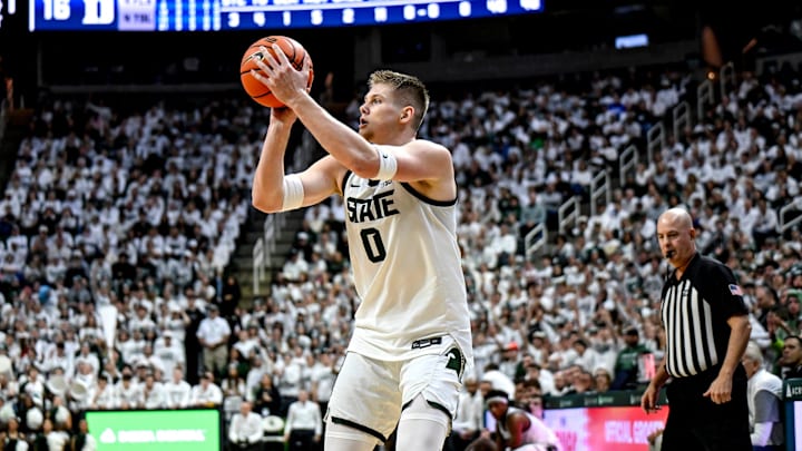 Michigan State's Jaxon Kohler makes a 3-pointer against Duke during the first half on Saturday, Dec. 6, 2025, at the Breslin Center in East Lansing.