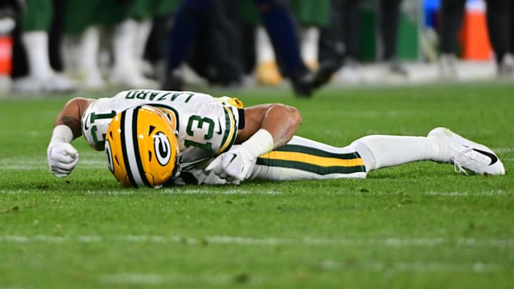 Nov 17, 2022; Green Bay, Wisconsin, USA; Green Bay Packers wide receiver Allen Lazard (13) reacts after failing to catch a pass in the second quarter during game against the Tennessee Titans at Lambeau Field. Mandatory Credit: Benny Sieu-Imagn Images