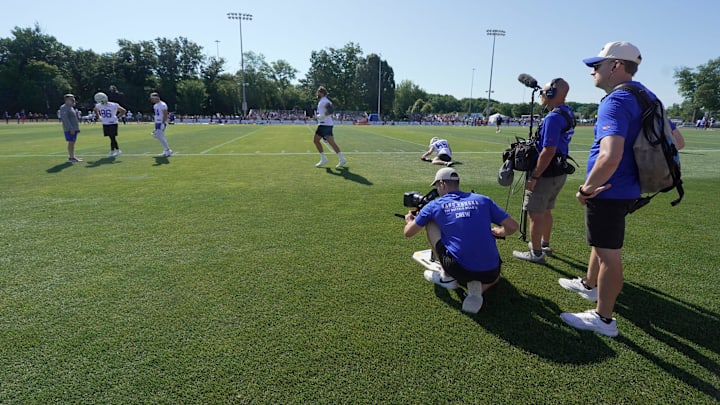 The NFL Hard Knocks film crew film players arriving on the field during opening day of the Buffalo Bills training camp at St. John Fisher University in Pittsford on July 23, 2025.