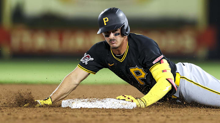 Mar 9, 2026; Tampa, Florida, USA; Pittsburgh Pirates shortstop Konnor Griffin (75) runs to second base on a two-rbi double against the New York Yankees in the fifth inning during spring training at George M. Steinbrenner Field. Mandatory Credit: Nathan Ray Seebeck-Imagn Images