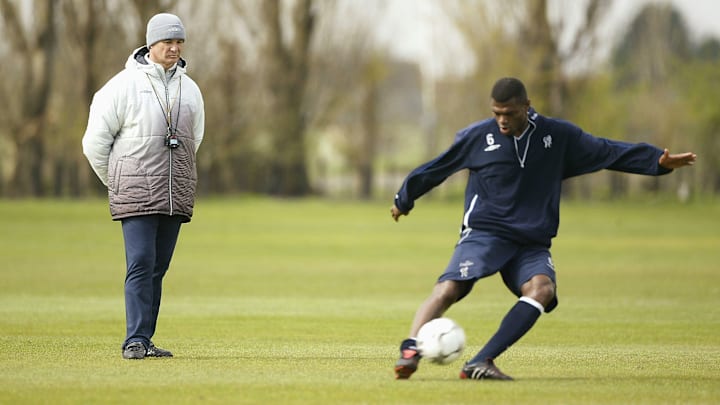 Marcel Desailly is observed in training by then Chelsea manager Claudio Ranieri