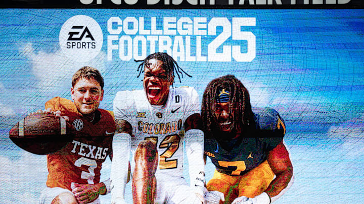 A commercial for the College Football 25 video game, featuring Texas Football quarterback Quinn Ewers plays during the fifth inning of the Longhorns' baseball game against the Kansas Jayhawks, Thursday, May 16, 2024 at UFCU Disch-Falk Field in Austin.