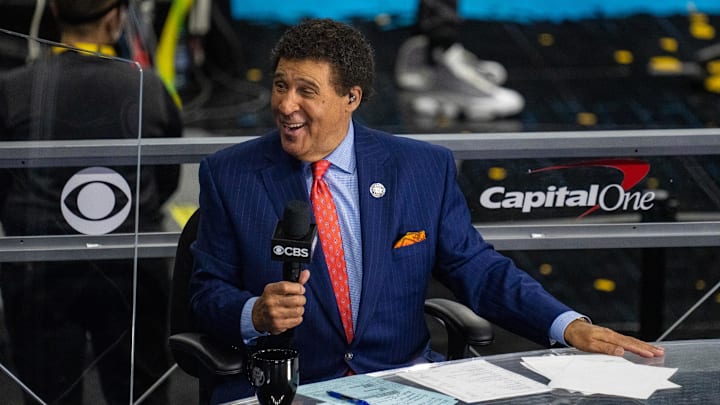 Apr 5, 2021; Indianapolis, IN, USA; CBS announcer Greg Gumbel prior to the national championship game in the Final Four of the 2021 NCAA Tournament between the Gonzaga Bulldogs and the Baylor Bears at Lucas Oil Stadium. Mandatory Credit: Kyle Terada-Imagn Images