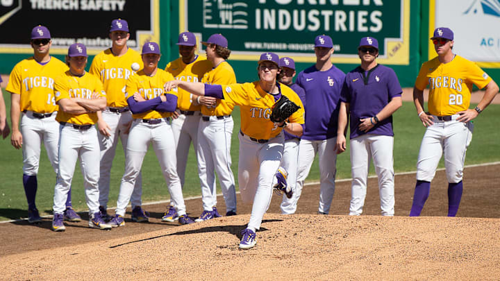 Tigers starting pitcher #34 Chase Shores on the mound as The LSU Tigers take on Central Connecticut State at Alex Box Stadium in Baton Rouge, La. Sunday, March 5, 2023. Tigers starting pitcher #34 Chase Shores on the mound as The LSU Tigers take on Central Connecticut State at Alex Box Stadium in Baton Rouge, La. Sunday, March 5, 2023.