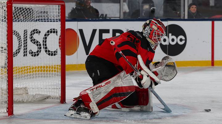 Feb 17, 2024; East Rutherford, New Jersey, USA; New Jersey Devils goaltender Nico Daws (50) makes a save against the Philadelphia Flyers during the third period in a Stadium Series ice hockey game at MetLife Stadium. Mandatory Credit: Ed Mulholland-USA TODAY Sports Feb 17, 2024; East Rutherford, New Jersey, USA; New Jersey Devils goaltender Nico Daws (50) makes a save against the Philadelphia Flyers during the third period in a Stadium Series ice hockey game at MetLife Stadium. Mandatory Credit: Ed Mulholland-USA TODAY Sports