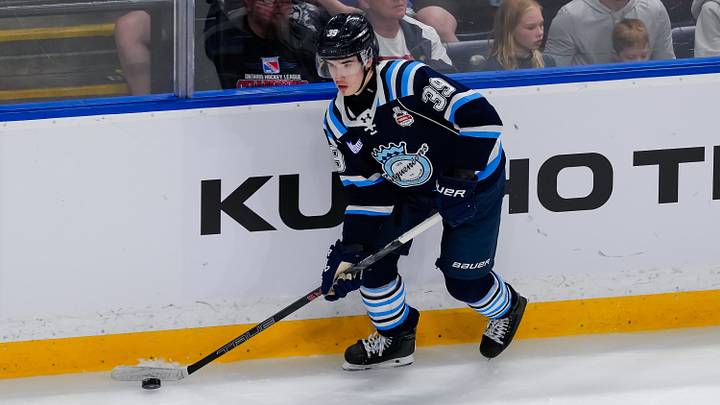 KELOWNA, CANADA - MAY 24: Liam Lefebvre #39 of the Chicoutimi Saguenéens skates with the puck during the second period of their 2026 Memorial Cup game against the Kelowna Rockets at Prospera Place on May 24, 2026 in Kelowna, British Columbia, Canada. (Photo by Derek Cain/Getty Images)