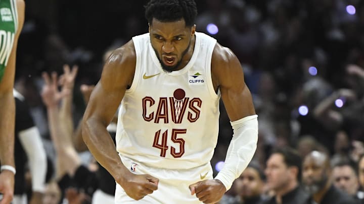 May 11, 2024; Cleveland, Ohio, USA; Cleveland Cavaliers guard Donovan Mitchell (45) reacts