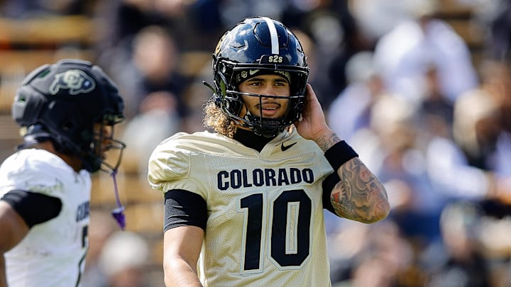 Apr 19, 2025; Boulder, CO, USA; Colorado Buffaloes quarterback Julian Lewis (10) during the spring game at Folsom Field. Mandatory Credit: Isaiah J. Downing-Imagn Images Apr 19, 2025; Boulder, CO, USA; Colorado Buffaloes quarterback Julian Lewis (10) during the spring game at Folsom Field. Mandatory Credit: Isaiah J. Downing-Imagn Images