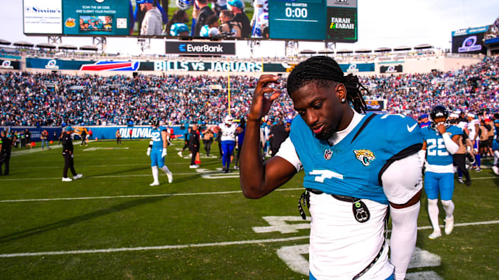 Jacksonville Jaguars wide receiver Brian Thomas Jr. (7) walks off the field after losing to the Bills during an NFL football AFC Wild Card playoff matchup, Sunday, Jan. 11, 2026, in Jacksonville, Fla. Bills lead 10-7 at the half over the Jaguars. The Bills defeated the Jaguars 27-24. [Doug Engle/Florida Times-Union]