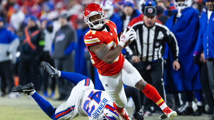Jan 26, 2025; Kansas City, MO, USA; Kansas City Chiefs running back Samaje Perine (34) against the Buffalo Bills in the AFC Championship game at GEHA Field at Arrowhead Stadium. Mandatory Credit: Mark J. Rebilas-Imagn Images