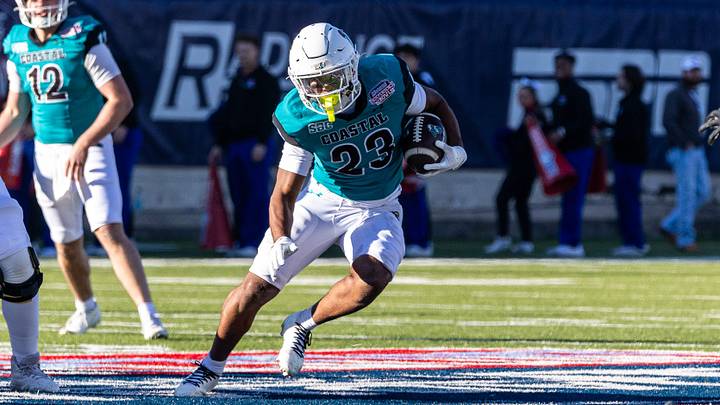 Coastal Carolina running back Dominic Knicely rushing the ball against LA Tech during the Radiance Technologies Independence Bowl at Independence Stadium on Tuesday, Dec 30, 2025 in Louisiana