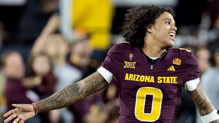 Nov 28, 2025; Tempe, Arizona, USA; Arizona State Sun Devils wide receiver Jordyn Tyson (0) against the Arizona Wildcats during the 99th Territorial Cup at Mountain America Stadium. Mandatory Credit: Mark J. Rebilas-Imagn Images