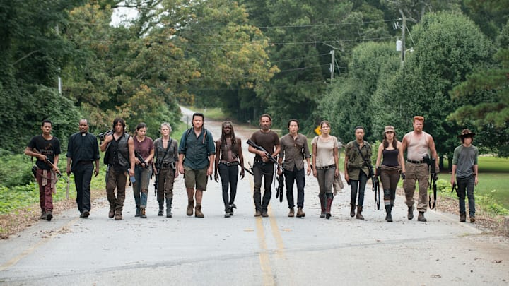 Tyler James Williams as Noah, Seth Gilliam as Father Gabriel, Norman Reedus as Daryl Dixon, Alanna Masterson as Tara Chambler, Melissa McBride as Carol Peletier, Josh McDermitt as Dr. Eugene Porter, Danai Gurira as Michonne, Andrew Lincoln as Rick Grimes, Steven Yeun as Glenn Rhee, Lauren Cohan as Maggie Greene, Sonequa Martin-Green as Sasha, Christian Serratos as Rosita Espinosa, Michael Cudlitz as Abraham and Chandler Riggs as Carl Grimes - The Walking Dead _ Season 5, Episode 10 - Photo