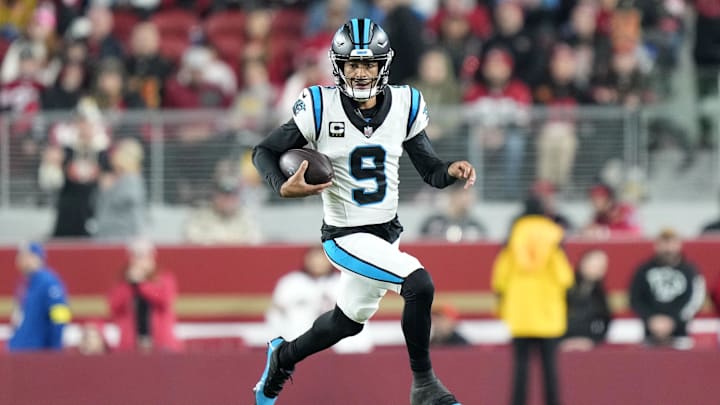 Nov 24, 2025; Santa Clara, California, USA; Carolina Panthers quarterback Bryce Young (9) rushes the ball against the San Francisco 49ers during the first half at Levi's Stadium. Mandatory Credit: Kyle Terada-Imagn Images