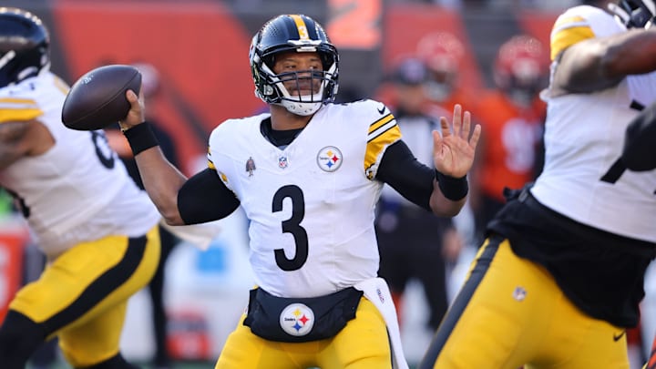 Dec 1, 2024; Cincinnati, Ohio, USA; Pittsburgh Steelers quarterback Russell Wilson (3) throws during the first quarter against the Cincinnati Bengals at Paycor Stadium. Mandatory Credit: Joseph Maiorana-Imagn Images Dec 1, 2024; Cincinnati, Ohio, USA; Pittsburgh Steelers quarterback Russell Wilson (3) throws during the first quarter against the Cincinnati Bengals at Paycor Stadium. Mandatory Credit: Joseph Maiorana-Imagn Images