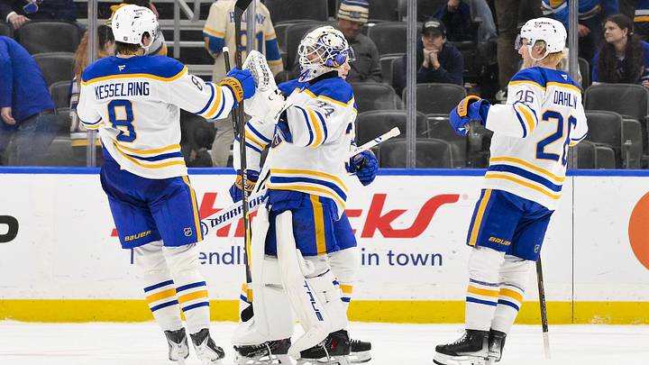 Buffalo Sabres players Michael Kesselring, Alex Lyon and Rasmus Dahlin Buffalo Sabres players Michael Kesselring, Alex Lyon and Rasmus Dahlin