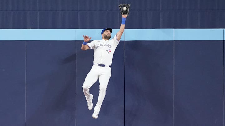 Toronto, Ontario, CAN; Toronto Blue Jays center fielder Kevin Kiermaier (39) catches a fly ball for the second out against the New York Yankees during the eighth inning at Rogers Centre.