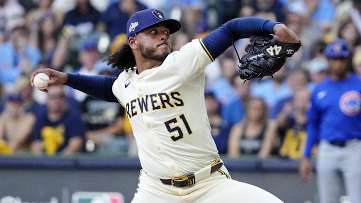 Oct 4, 2025; Milwaukee, Wisconsin, USA; Milwaukee Brewers starting pitcher Freddy Peralta (51) pitches against the Chicago Cubs during the second inning of game one of the NLDS round for the 2025 MLB playoffs at American Family Field. Mandatory Credit: Michael McLoone-Imagn Images Oct 4, 2025; Milwaukee, Wisconsin, USA; Milwaukee Brewers starting pitcher Freddy Peralta (51) pitches against the Chicago Cubs during the second inning of game one of the NLDS round for the 2025 MLB playoffs at American Family Field. Mandatory Credit: Michael McLoone-Imagn Images