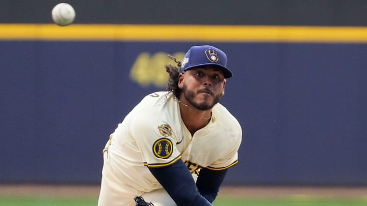 Milwaukee Brewers pitcher Freddy Peralta (51) pitches during the first inning of the National League Division Series game against the Chicago Cubs on Saturday October 4, 2025 at American Family Field in Milwaukee, Wisconsin.