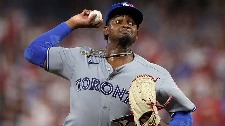 Aug 7, 2026; Philadelphia, Pennsylvania, USA; Toronto Blue Jays pitcher Jose Soriano (40) throws a pitch against the Philadelphia Phillies during the fourth inning at Citizens Bank Park. Mandatory Credit: Bill Streicher-Imagn Images
