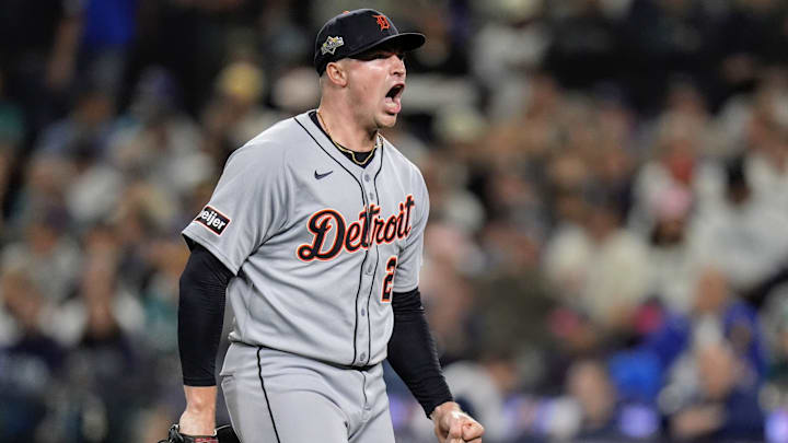 Tigers pitcher Tarik Skubal celebrates striking out Mariners catcher Cal Raleigh I the sixth inning of ALDS Game 5 at T-Mobile Park in Seattle on Friday, Oct. 10, 2025
