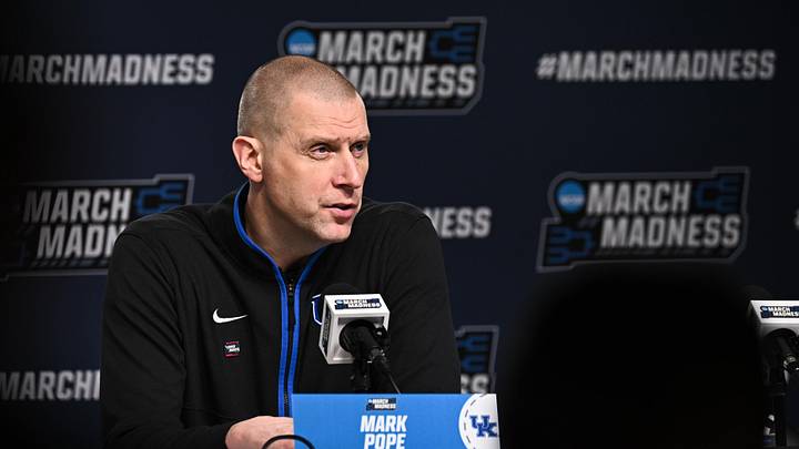 Mar 22, 2026; St. Louis, MO, USA; Kentucky Wildcats head coach Mark Pope speaks during the postgame press conference after the game against the Iowa State Cyclones during a second round game of the men's 2026 NCAA Tournament at Enterprise Center. Mandatory Credit: Jeff Le-Imagn Images
