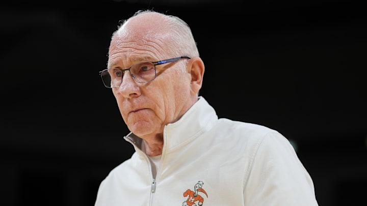 Feb 24, 2024; Coral Gables, Florida, USA; Miami Hurricanes head coach Jim Larranaga looks on after the game against the Georgia Tech Yellow Jackets at Watsco Center. Mandatory Credit: Sam Navarro-Imagn Images Feb 24, 2024; Coral Gables, Florida, USA; Miami Hurricanes head coach Jim Larranaga looks on after the game against the Georgia Tech Yellow Jackets at Watsco Center. Mandatory Credit: Sam Navarro-Imagn Images