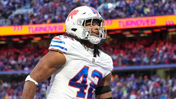 Nov 16, 2025; Orchard Park, New York, USA; Buffalo Bills linebacker Dorian Williams (42) celebrates recovering a touchdown against the Tampa Bay Buccaneers during the second half of the game at Highmark Stadium. Nov 16, 2025; Orchard Park, New York, USA; Buffalo Bills linebacker Dorian Williams (42) celebrates recovering a touchdown against the Tampa Bay Buccaneers during the second half of the game at Highmark Stadium.