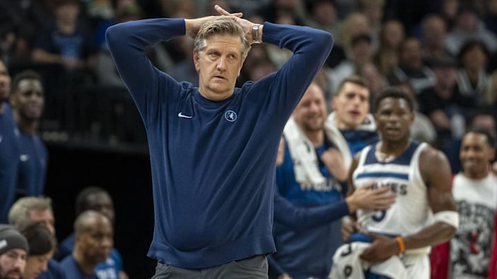 Jan 11, 2025; Minneapolis, Minnesota, USA; Minnesota Timberwolves head coach Chris Finch reacts in the second half against the Memphis Grizzlies at Target Center. Mandatory Credit: Jesse Johnson-Imagn Images