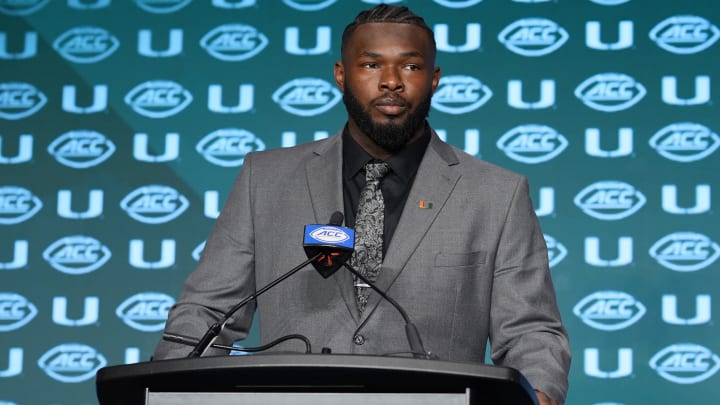 Jul 24, 2024; Charlotte, NC, USA;  Miami Hurricanes offensive lineman Jalen Rivers speaks to the media during the ACC Kickoff at Hilton Charlotte Uptown. Mandatory Credit: Jim Dedmon-USA TODAY Sports