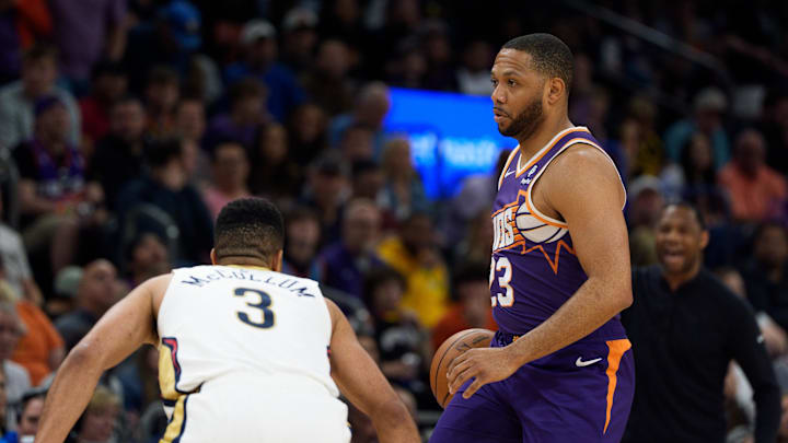 Apr 7, 2024; Phoenix, Arizona, USA; Phoenix Suns guard Eric Gordon (23) bring the ball down the court against the New Orleans Pelicans in the second half at Footprint Center. Mandatory Credit: Allan Henry-USA TODAY Sports Apr 7, 2024; Phoenix, Arizona, USA; Phoenix Suns guard Eric Gordon (23) bring the ball down the court against the New Orleans Pelicans in the second half at Footprint Center. Mandatory Credit: Allan Henry-USA TODAY Sports