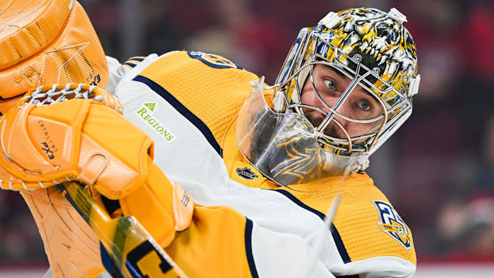 Dec 10, 2023; Montreal, Quebec, CAN; Nashville Predators goalie Juuse Saros (74)