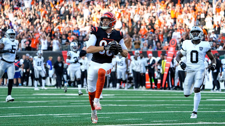 Cincinnati Bengals tight end Mike Gesicki (88) runs to the end zone for a touchdown in the 4th quarter over Las Vegas Raiders at Paycor Stadium on Sunday, November 3, 2024. Gesicki scored two touchdown in the Bengals win 41-24.