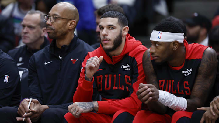 Oct 16, 2024; Chicago, Illinois, USA; Chicago Bulls guard Lonzo Ball (2) sits on the bench during the first half of a game against the Minnesota Timberwolves at United Center. Mandatory Credit: Kamil Krzaczynski-Imagn Images