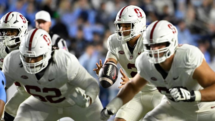 Nov 8, 2025; Chapel Hill, North Carolina, USA;  Stanford Cardinal quarterback Elijah Brown (2) takes the snap in the second quarter at Kenan Stadium. Mandatory Credit: Bob Donnan-Imagn Images