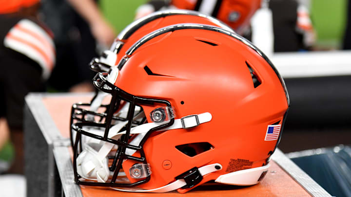 Aug 17, 2023; Philadelphia, Pennsylvania, USA; Cleveland Browns helmet on the sidelines against the Philadelphia Eagles at Lincoln Financial Field. Aug 17, 2023; Philadelphia, Pennsylvania, USA; Cleveland Browns helmet on the sidelines against the Philadelphia Eagles at Lincoln Financial Field.