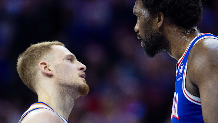 Apr 25, 2024; Philadelphia, Pennsylvania, USA; Philadelphia 76ers center Joel Embiid (21) has words