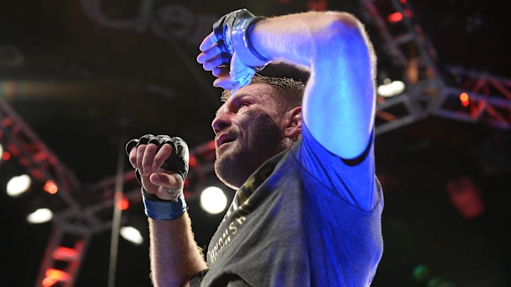 August 17, 2019; Anaheim, CA, USA; Stipe Miocic celebrates his championship victory by TKO against