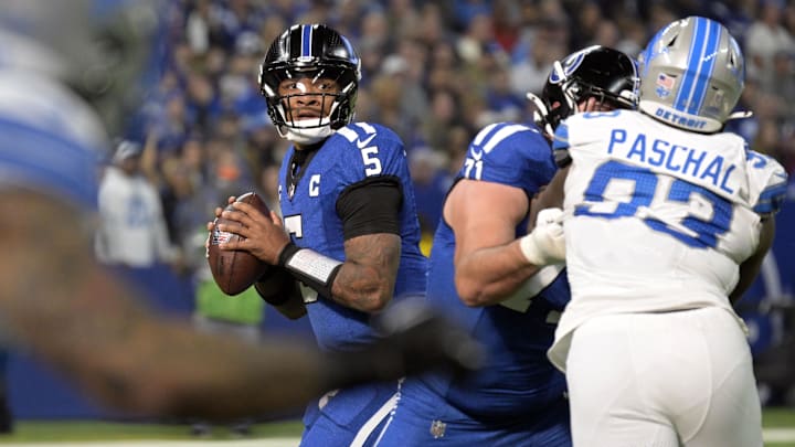 Nov 24, 2024; Indianapolis, Indiana, USA; Indianapolis Colts quarterback Anthony Richardson (5) looks for an open receiver during the second quarter against the Detroit Lions at Lucas Oil Stadium. Mandatory Credit: Marc Lebryk-Imagn Images Nov 24, 2024; Indianapolis, Indiana, USA; Indianapolis Colts quarterback Anthony Richardson (5) looks for an open receiver during the second quarter against the Detroit Lions at Lucas Oil Stadium. Mandatory Credit: Marc Lebryk-Imagn Images