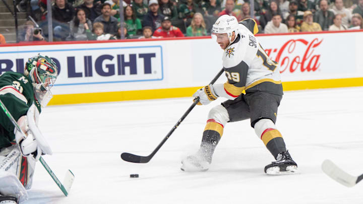 Apr 24, 2025; Saint Paul, Minnesota, USA; Vegas Golden Knights right wing Reilly Smith (19) scores on Minnesota Wild goaltender Filip Gustavsson (32) in the third period in game three of the first round of the 2025 Stanley Cup Playoffs at Xcel Energy Center. Mandatory Credit: Matt Blewett-Imagn Images