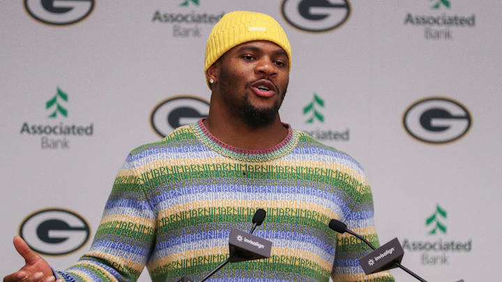 Green Bay Packers edge rusher Micah Parsons speaks during an introductory press conference on Friday at Lambeau Field. Green Bay Packers edge rusher Micah Parsons speaks during an introductory press conference on Friday at Lambeau Field.