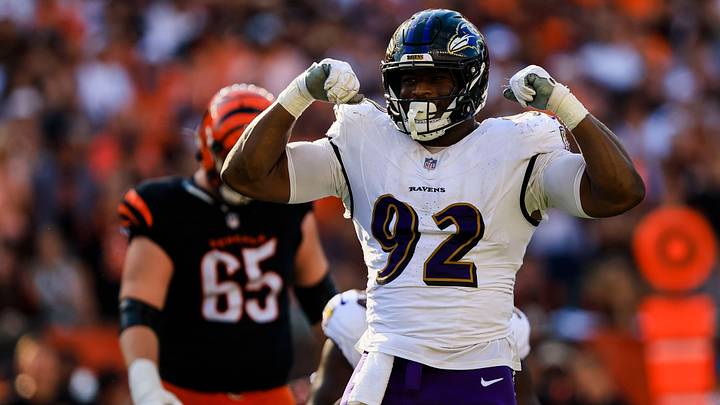 Oct 6, 2024; Cincinnati, Ohio, USA; Baltimore Ravens defensive tackle Nnamdi Madubuike (92) reacts after sacking Cincinnati Bengals quarterback Joe Burrow (not pictured) in the second half at Paycor Stadium. Mandatory Credit: Katie Stratman-Imagn Images Oct 6, 2024; Cincinnati, Ohio, USA; Baltimore Ravens defensive tackle Nnamdi Madubuike (92) reacts after sacking Cincinnati Bengals quarterback Joe Burrow (not pictured) in the second half at Paycor Stadium. Mandatory Credit: Katie Stratman-Imagn Images