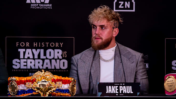Jake Paul interacts with media during the Amanda Serrano v Katie Taylor press conference. Jake Paul interacts with media during the Amanda Serrano v Katie Taylor press conference.