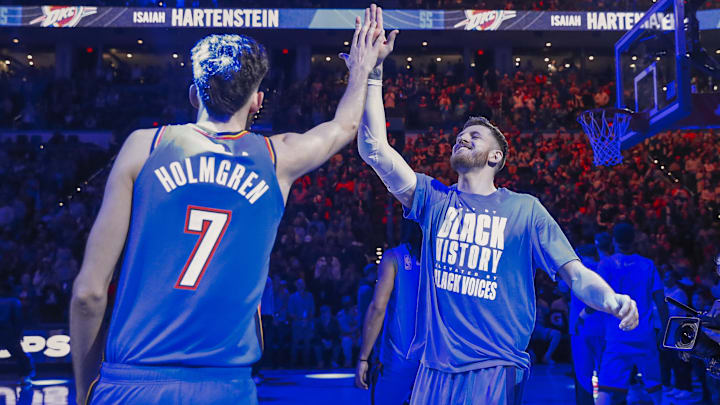Feb 7, 2025; Oklahoma City, Oklahoma, USA; Oklahoma City Thunder center Isaiah Hartenstein (55) high fives forward Chet Holmgren (7) during introductions before the start of a game against the Toronto Raptors during the second half at Paycom Center. Mandatory Credit: Alonzo Adams-Imagn Images