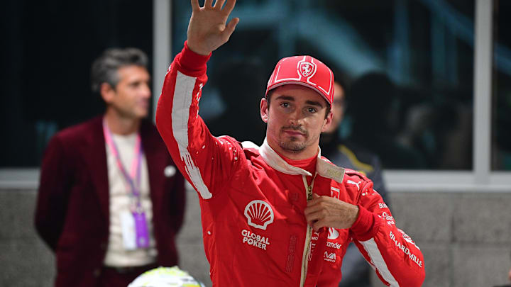 Nov 17, 2023; Las Vegas, Nevada, USA; Scuderia Ferrari driver Charles LeClerc of Monaco (16) celebrates after securing pole position during qualifying at Las Vegas Strip Circuit. Mandatory Credit: Gary A. Vasquez-USA TODAY Sports Nov 17, 2023; Las Vegas, Nevada, USA; Scuderia Ferrari driver Charles LeClerc of Monaco (16) celebrates after securing pole position during qualifying at Las Vegas Strip Circuit. Mandatory Credit: Gary A. Vasquez-USA TODAY Sports