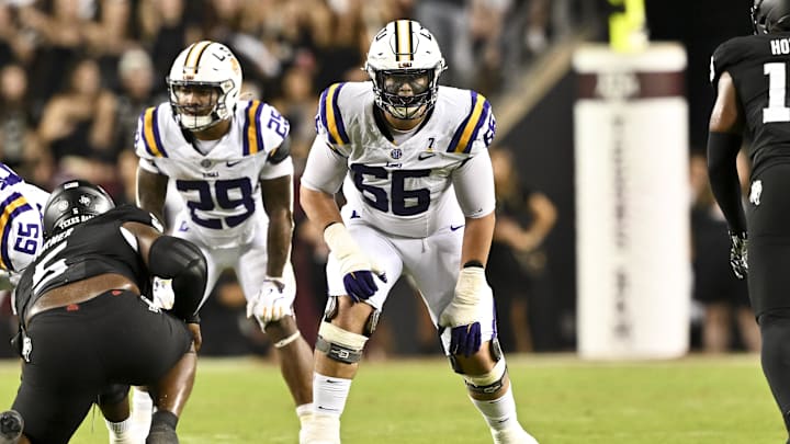 Oct 26, 2024; College Station, Texas, USA; LSU Tigers offensive tackle Will Campbell (66) lines up during the second half against the Texas A&M Aggies. The Aggies defeated the Tigers 38-23; at Kyle Field. Mandatory Credit: Maria Lysaker-Imagn Images.  
