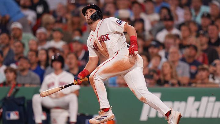 Jun 25, 2026; Boston, Massachusetts, USA; Boston Red Sox third baseman Caleb Durbin (5) hits a two run home run against the New York Yankees in the fifth inning at Fenway Park. Mandatory Credit: David Butler II-Imagn Images