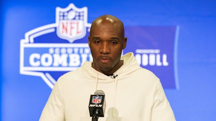 Feb 27, 2024; Indianapolis, IN, USA; Houston Texans head coach DeMeco Ryans talks to the media at the 2024 NFL Combine at Indiana Convention Center. Mandatory Credit: Trevor Ruszkowski-Imagn Images