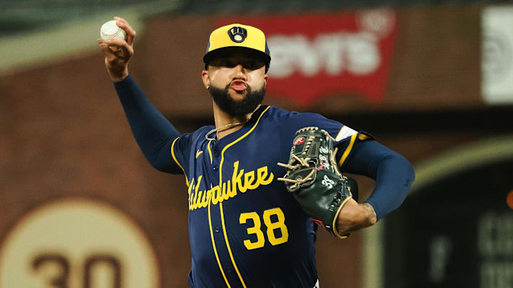 Sep 12, 2024; San Francisco, California, USA; Milwaukee Brewers relief pitcher Devin Williams (38) pitches the ball against the San Francisco Giants during the ninth inning at Oracle Park. Mandatory Credit: Kelley L Cox-Imagn Images