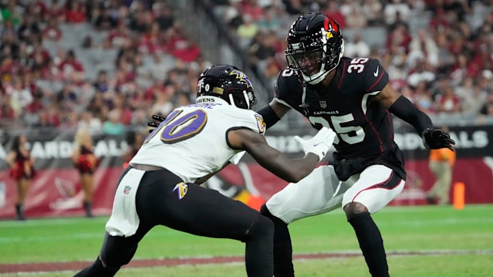 Aug 21, 2022; Glendale, Ariz., United States;  Arizona Cardinals cornerback Christian Matthew (35) defends against Baltimore Ravens wide receiver Jaylon Moore (10) during the second quarter in preseason action at State Farm Stadium.

Nfl Nfl Preseason Game Baltimore Ravens At Arizona Cardinals